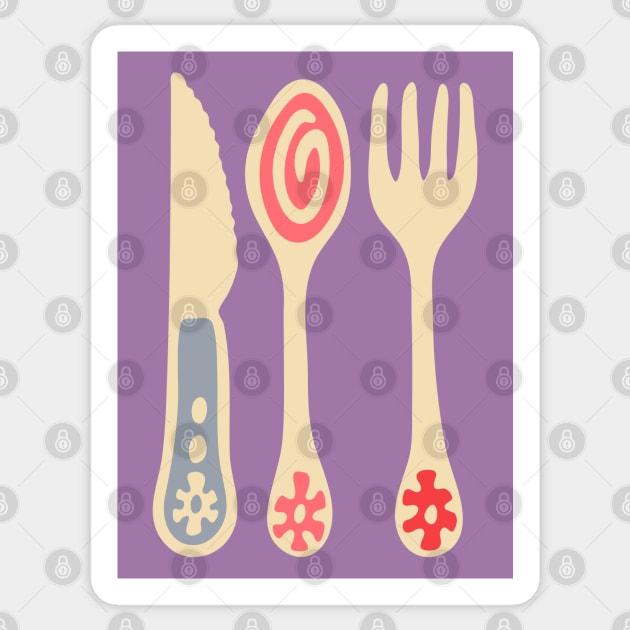 CUTLERY Retro Vintage Kitchen Utensils Knife Spoon Fork in Purple Pink and Red - UnBlink Studio by Jackie Tahara Sticker by UnBlink Studio by Jackie Tahara